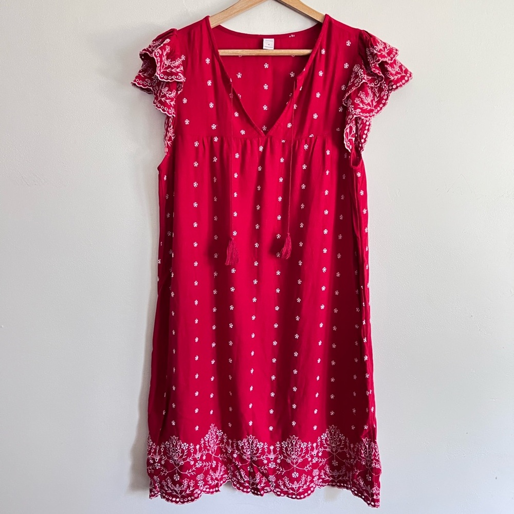 Old Navy Red and White embroidery Floral linen blend Ruffle dress